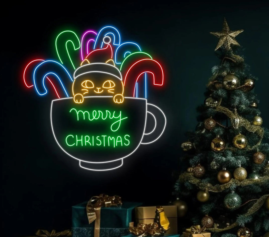 Cat Cup Candy Cane Merry Christmas Neon Sign by LEDNeon's - Add a playful holiday touch with this cat cup candy cane neon sign.