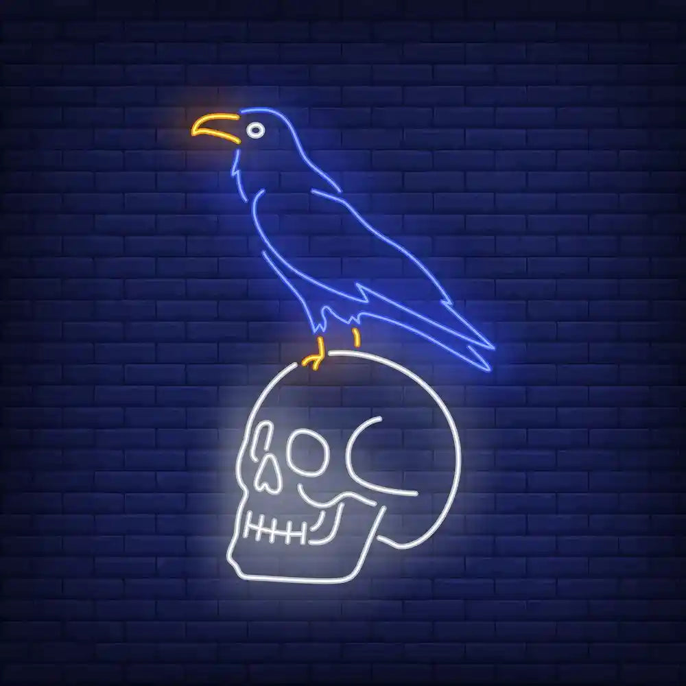 Crow Sitting Human Skull Halloween LED Neon Sign by LEDNeon's - Transform your space with Halloween LED Neon Sign