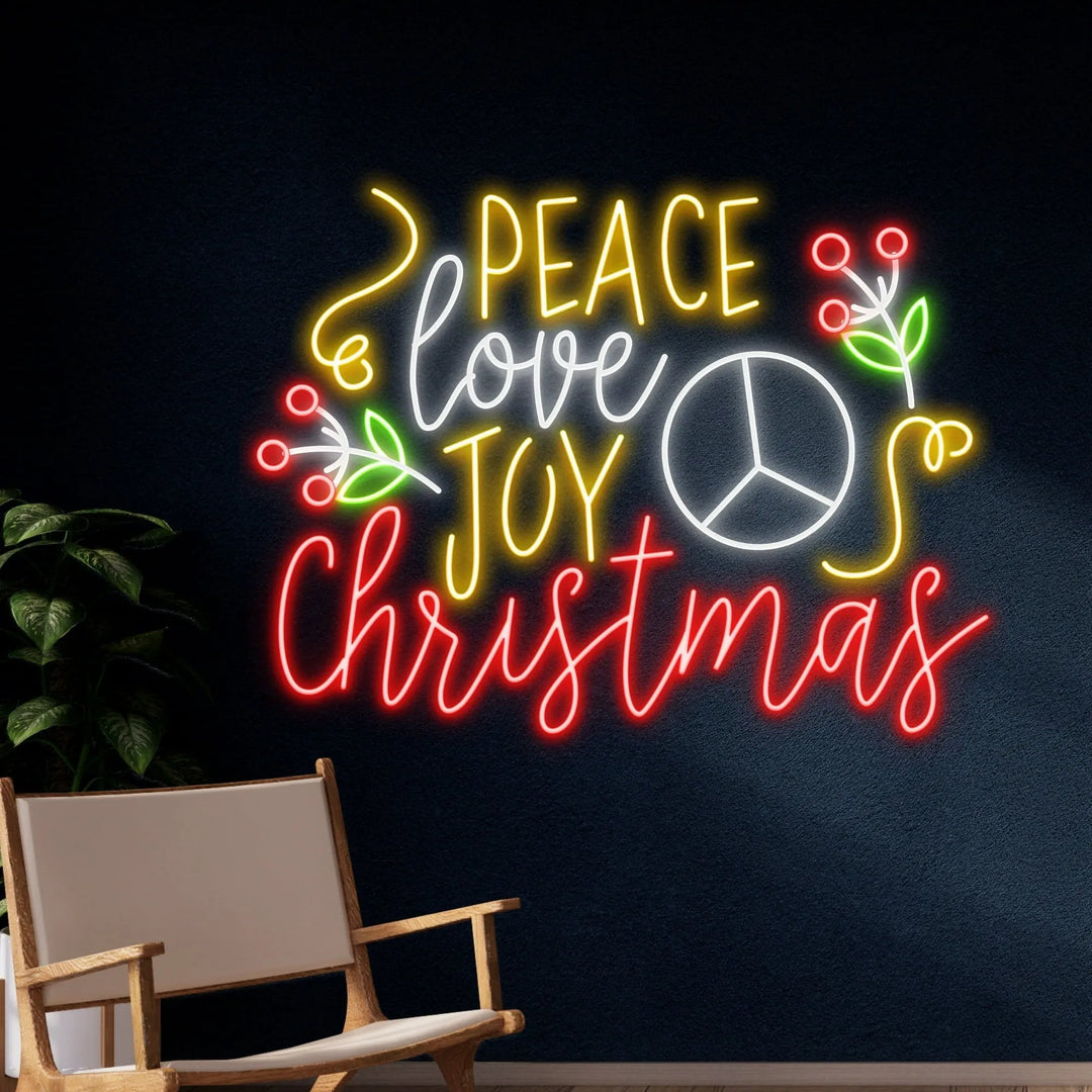 Peace Love Joy Christmas Neon Sign by LEDNeons - illuminated in vibrant neon colors, adding a cheerful touch to Christmas celebrations.