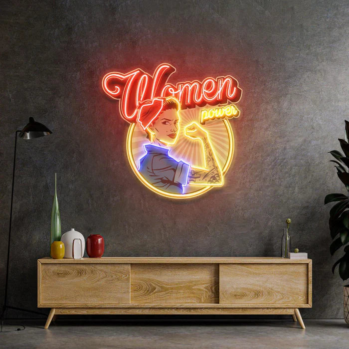 Women In Power UV Art LED Neon Sign in red and yellow color by LEDNeons - designed to inspire and enhance modern wall décor
