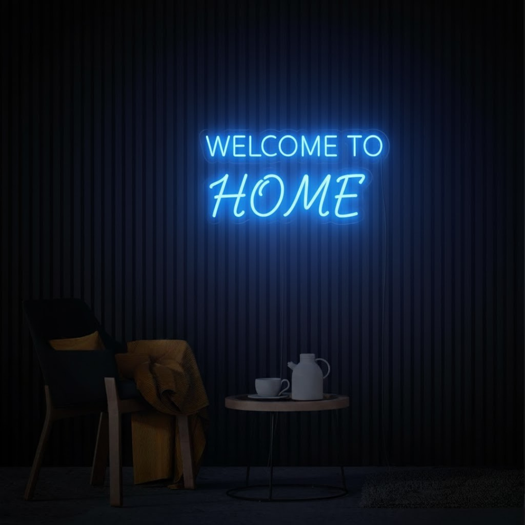 Welcome To Home LED Neon Sign by LEDNeons glowing in warm white light — perfect for home décor and entryway styling.