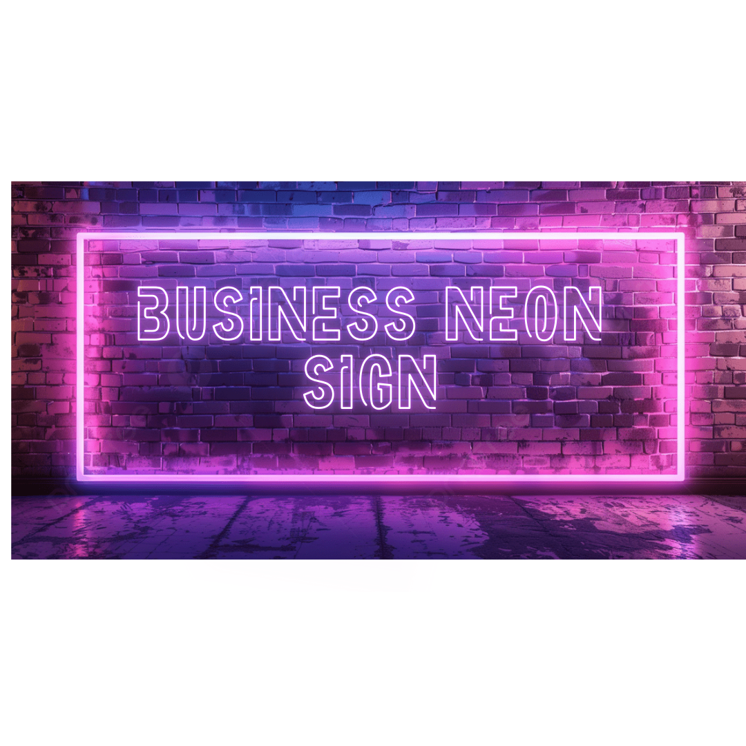 Illuminated neon sign set for businesses, including open late, café, restaurants, bars, and retail stores.