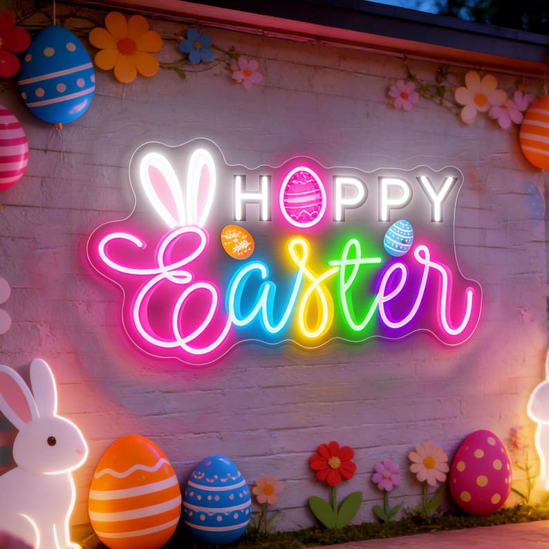 Colorful Easter neon signs collection by LEDNeons featuring bunny and egg designs for festive home decor