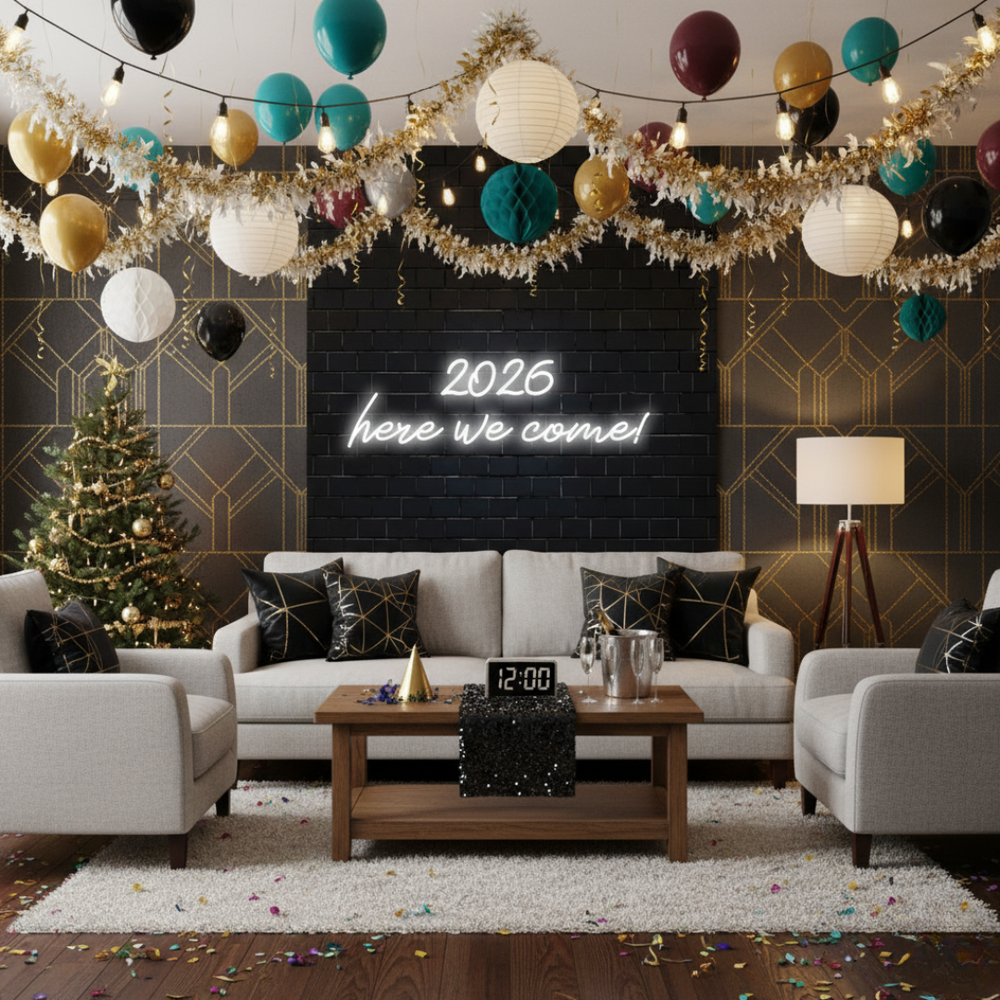 2026 Here We Come LED Neon Sign glowing in festive colors – perfect New Year celebration décor by LEDNeons
