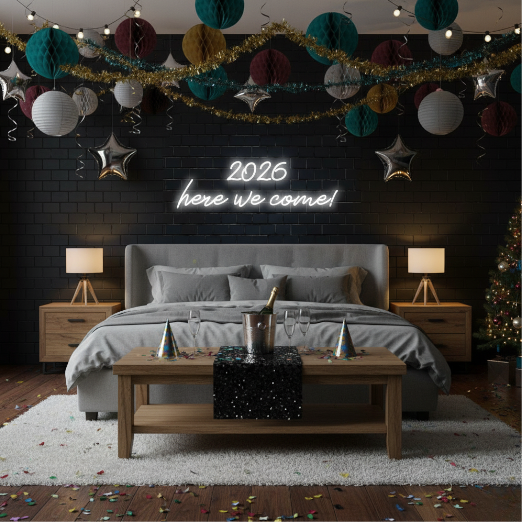 2026 Here We Come LED Neon Sign glowing in festive colors – perfect New Year celebration décor by LEDNeons