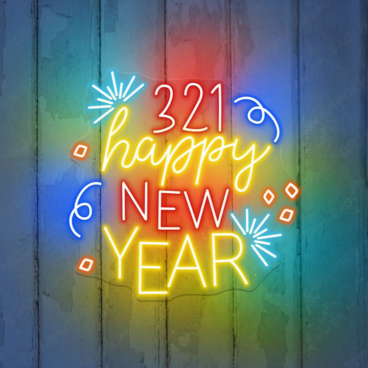 321! Happy New Year LED Neon Sign glowing in vibrant festive colors – perfect New Year countdown décor by LEDNeons