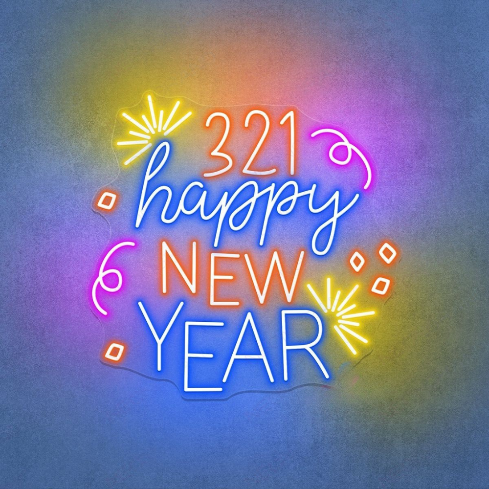 321! Happy New Year LED Neon Sign glowing in vibrant festive colors – perfect New Year countdown décor by LEDNeons