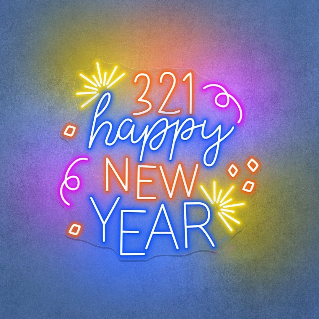 321! Happy New Year LED Neon Sign glowing in vibrant festive colors – perfect New Year countdown décor by LEDNeons