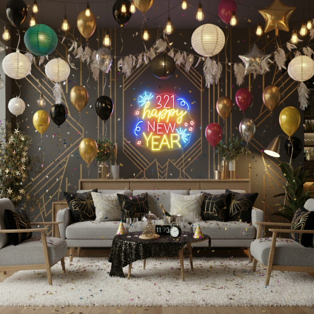 321! Happy New Year LED Neon Sign glowing in vibrant festive colors – perfect New Year countdown décor by LEDNeons