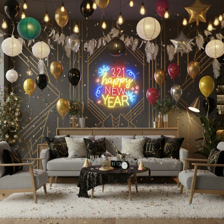 321! Happy New Year LED Neon Sign glowing in vibrant festive colors – perfect New Year countdown décor by LEDNeons