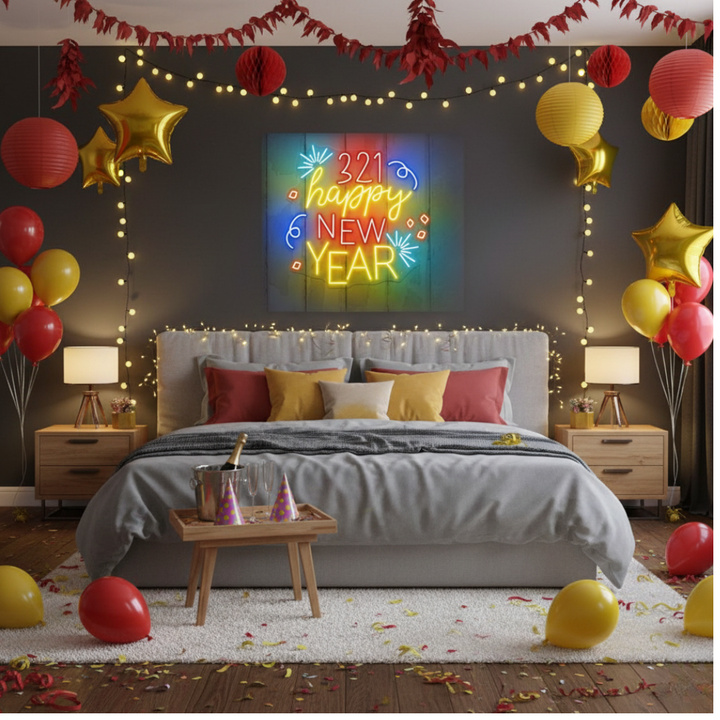 321! Happy New Year LED Neon Sign glowing in vibrant festive colors – perfect New Year countdown décor by LEDNeons