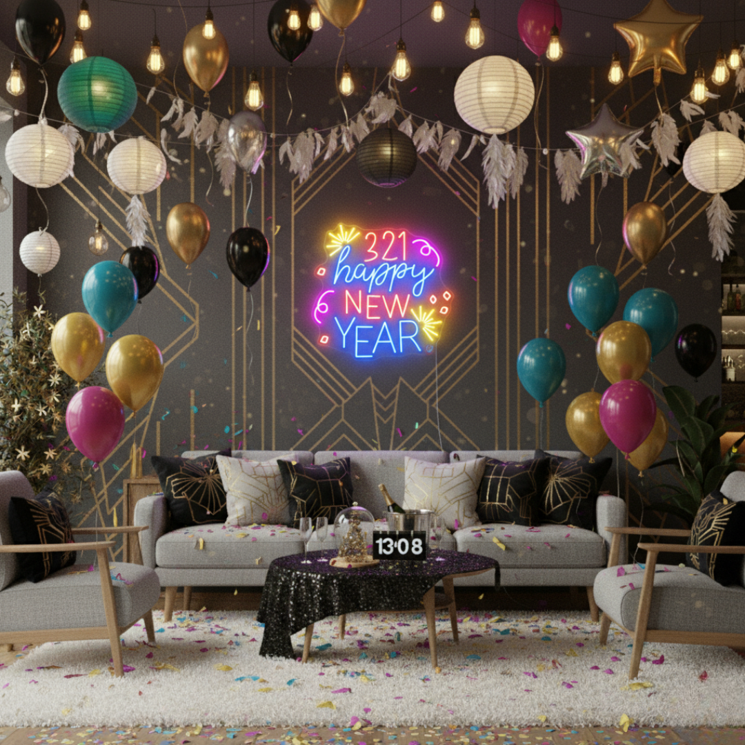321! Happy New Year LED Neon Sign glowing in vibrant festive colors – perfect New Year countdown décor by LEDNeons