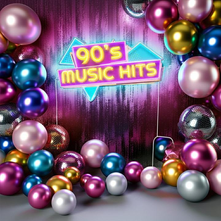 90s Music Hits UV Art LED Neon Sign in yellow, pink and blue color by LEDNeons