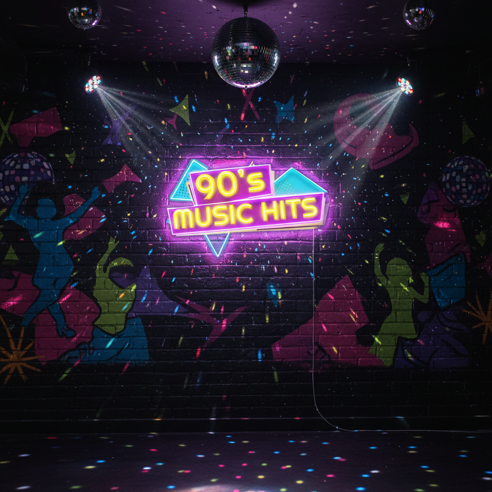 90s Music Hits UV Art LED Neon Sign in yellow, pink and blue color by LEDNeons 