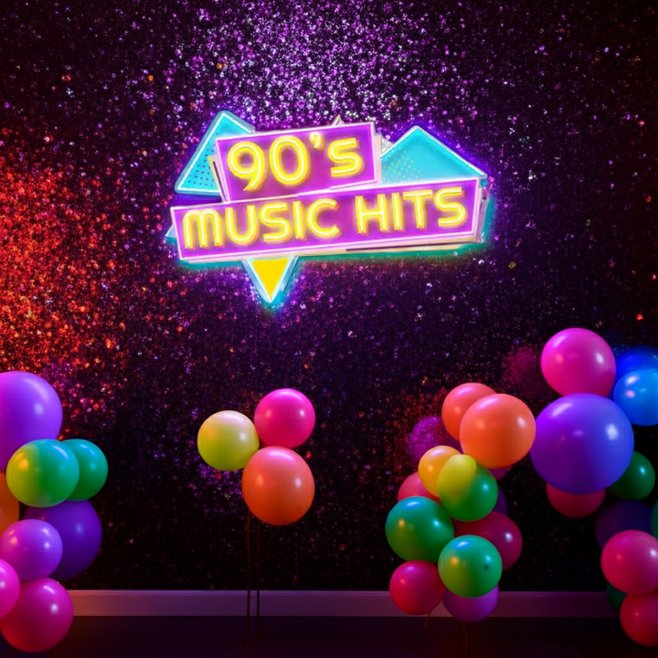90s Music Hits UV Art LED Neon Sign in yellow, pink and blue color by LEDNeons