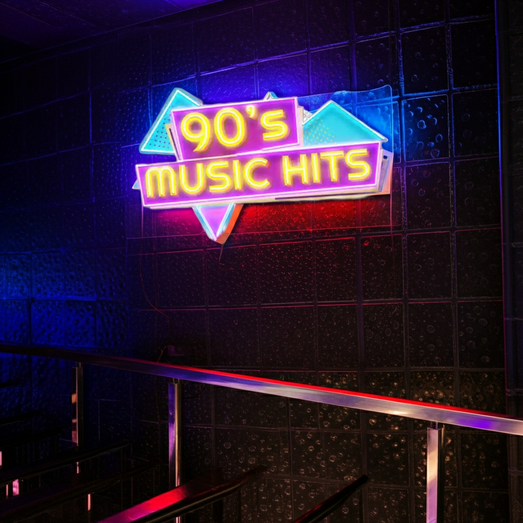 90s Music Hits UV Art LED Neon Sign in yellow, pink and blue color by LEDNeons