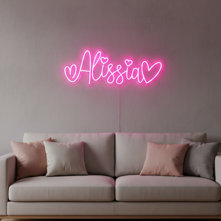 Alissia name LED Neon sign by LEDNeons - lit up on a wall, offering a custom and elegant decorative touch.
