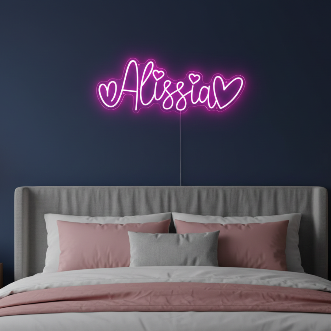 Alissia name LED Neon sign by LEDNeons - lit up on a wall, offering a custom and elegant decorative touch.