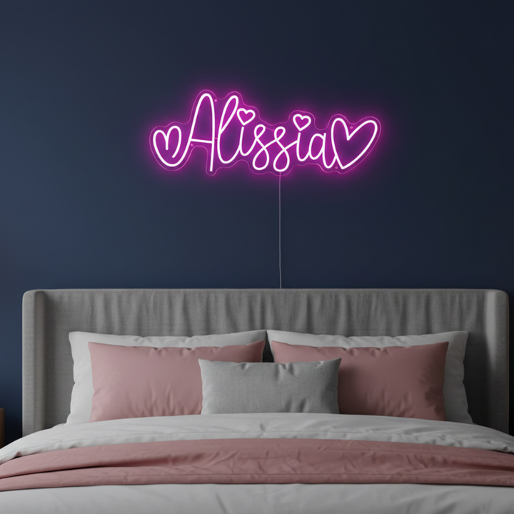 Alissia name LED Neon sign by LEDNeons - lit up on a wall, offering a custom and elegant decorative touch.