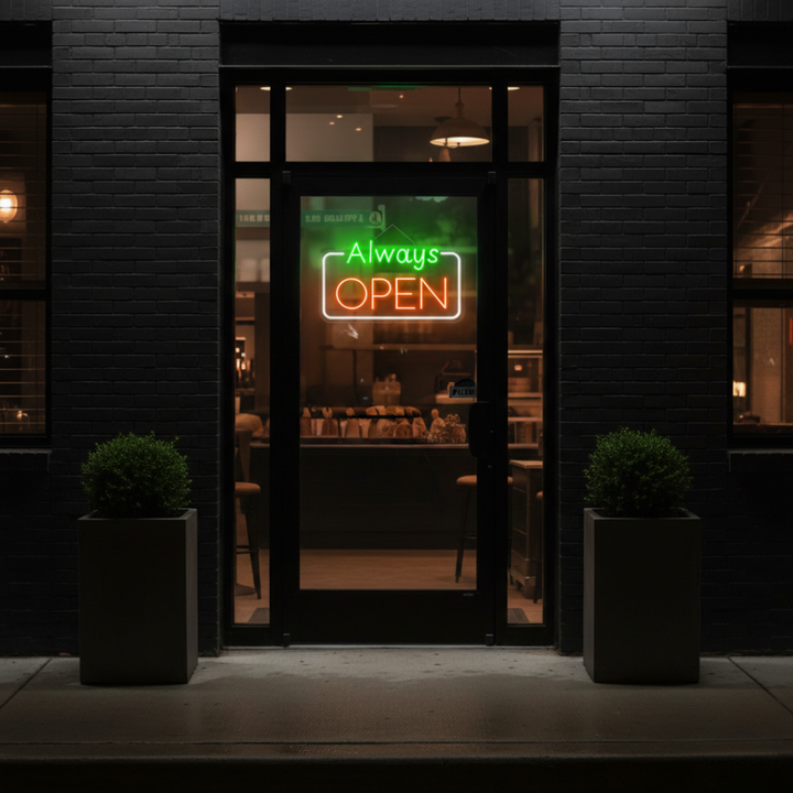 Always Open Business Neon Sign by LEDNeons - Light up  your store front with this glowing Neon sign