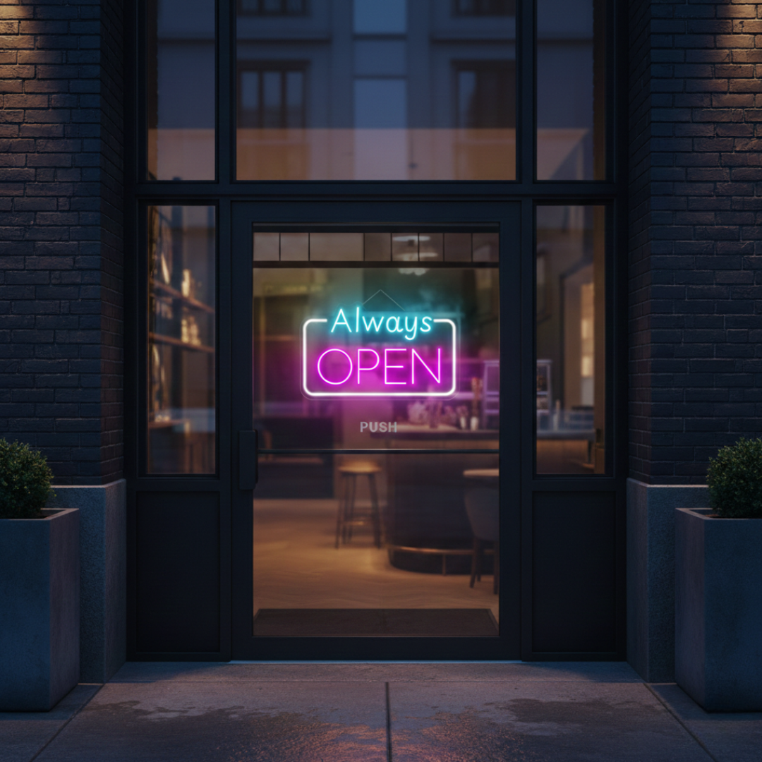 Always Open Business Neon Sign by LEDNeons - Light up  your store front with this glowing Neon sign