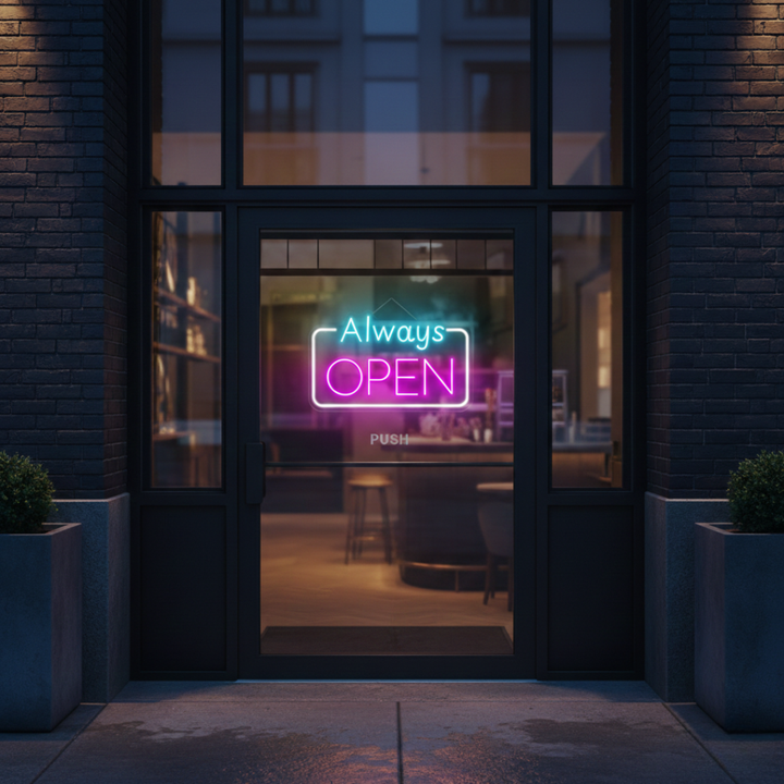 Always Open Business Neon Sign by LEDNeons - Light up  your store front with this glowing Neon sign