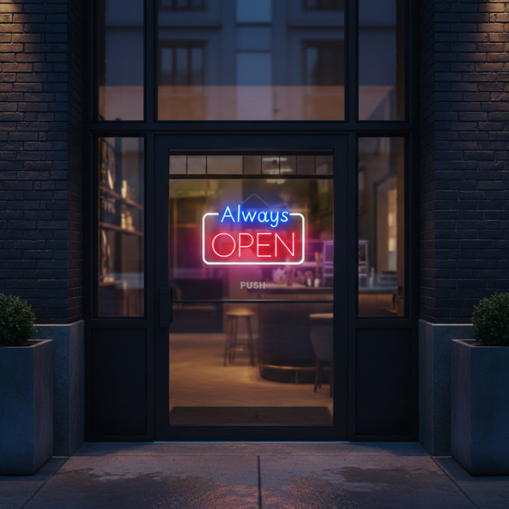 Always Open Business Neon Sign by LEDNeons - Light up  your store front with this glowing Neon sign