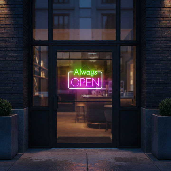 Always Open Business Neon Sign by LEDNeons - Light up  your store front with this glowing Neon sign