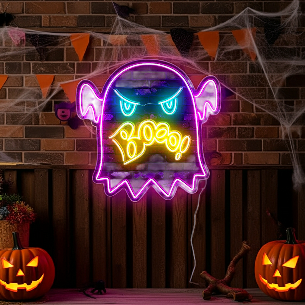 Angry Booo! Halloween LED Neon Sign by LEDNeons - fun and creepy light-up decoration for Halloween celebrations