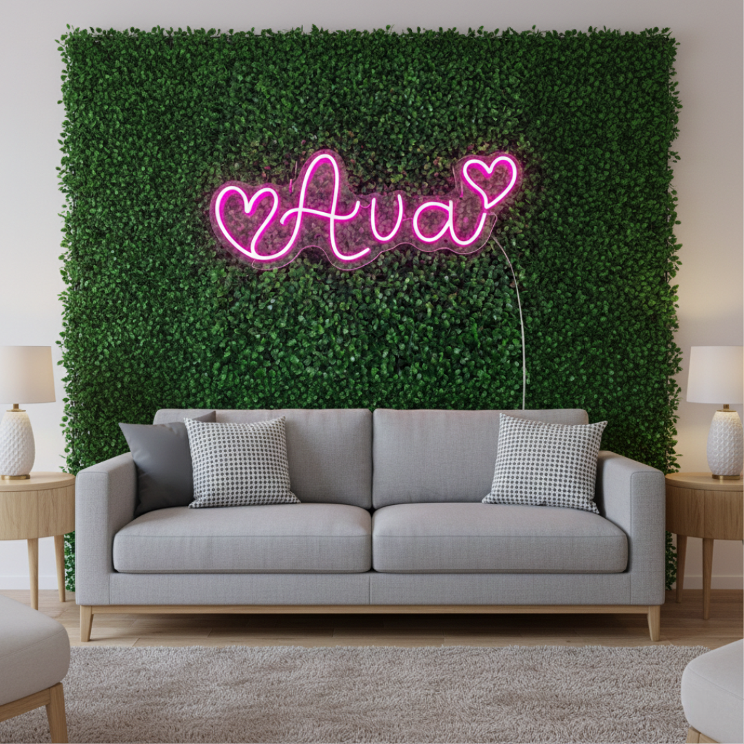 "Ava" name LED Neon sign By LEDNeons - glowing softly on a wall, adding a personalized and stylish touch to the decor.