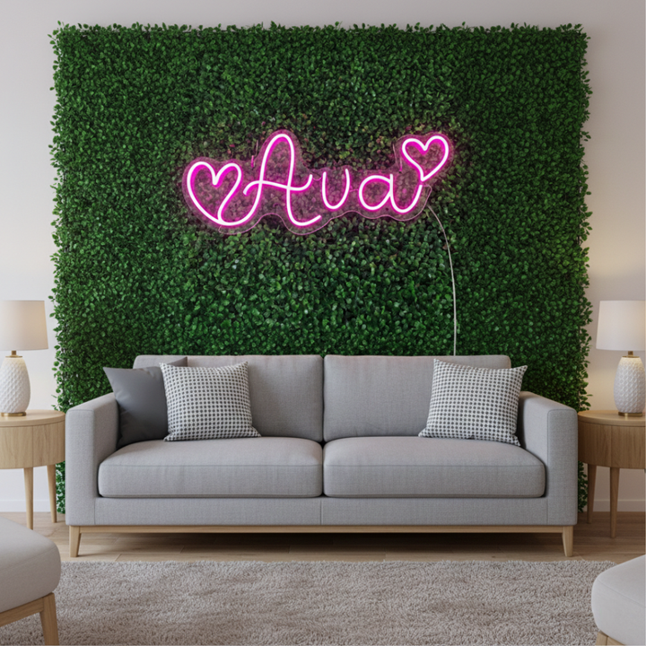 "Ava" name LED Neon sign By LEDNeons - glowing softly on a wall, adding a personalized and stylish touch to the decor.