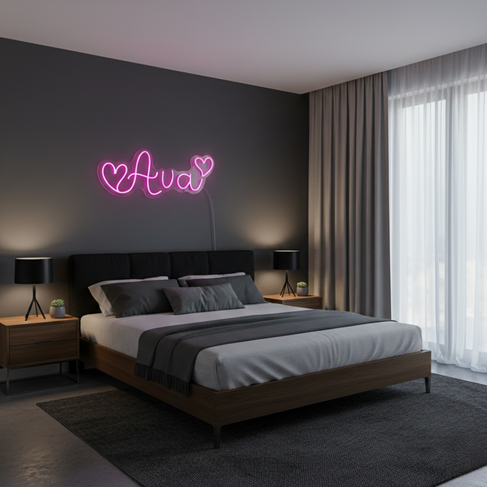 "Ava" name LED Neon sign By LEDNeons - glowing softly on a wall, adding a personalized and stylish touch to the decor.