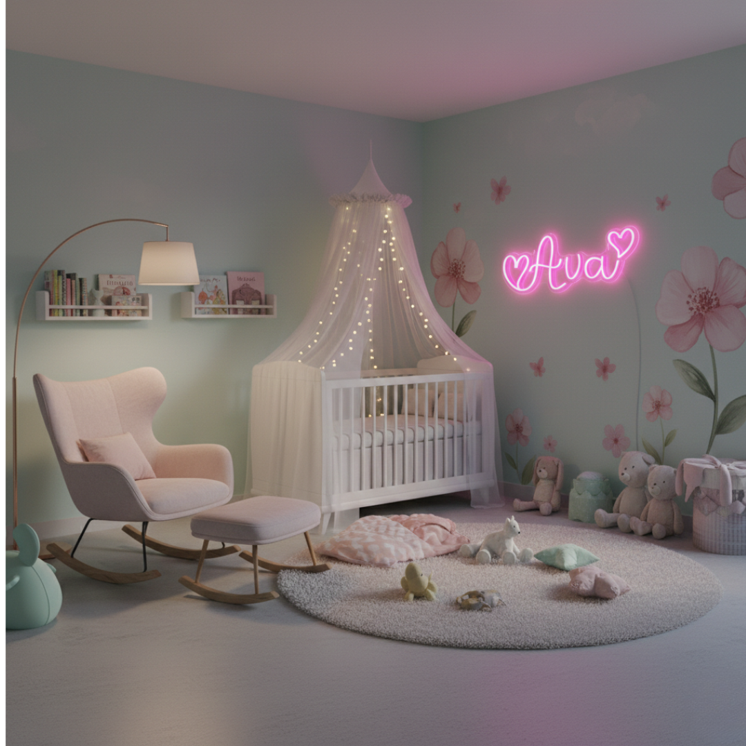 "Ava" name LED Neon sign By LEDNeons - glowing softly on a wall, adding a personalized and stylish touch to the decor.