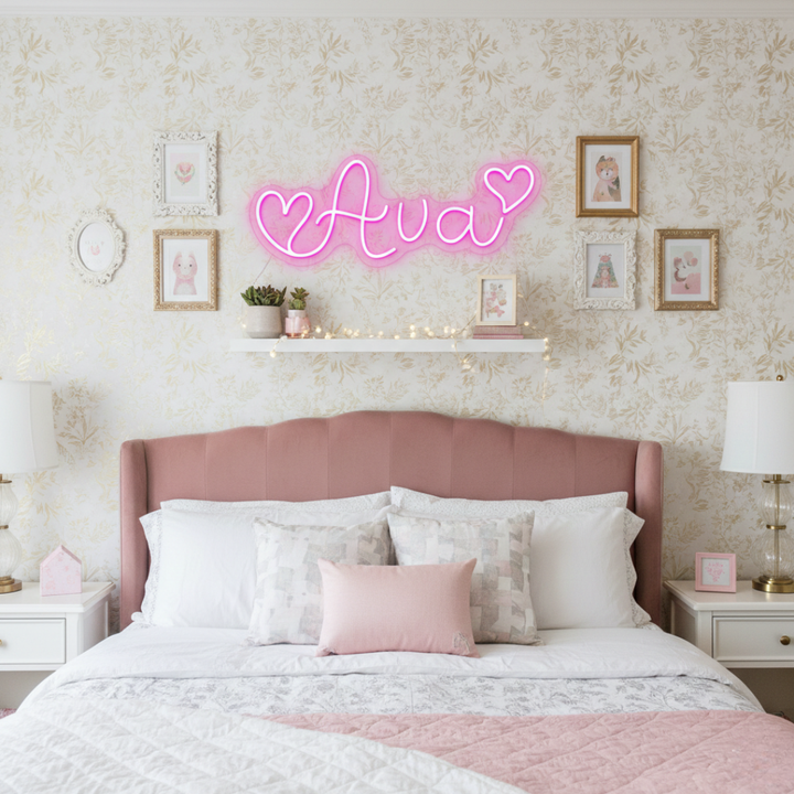 "Ava" name LED Neon sign By LEDNeons - glowing softly on a wall, adding a personalized and stylish touch to the decor.
