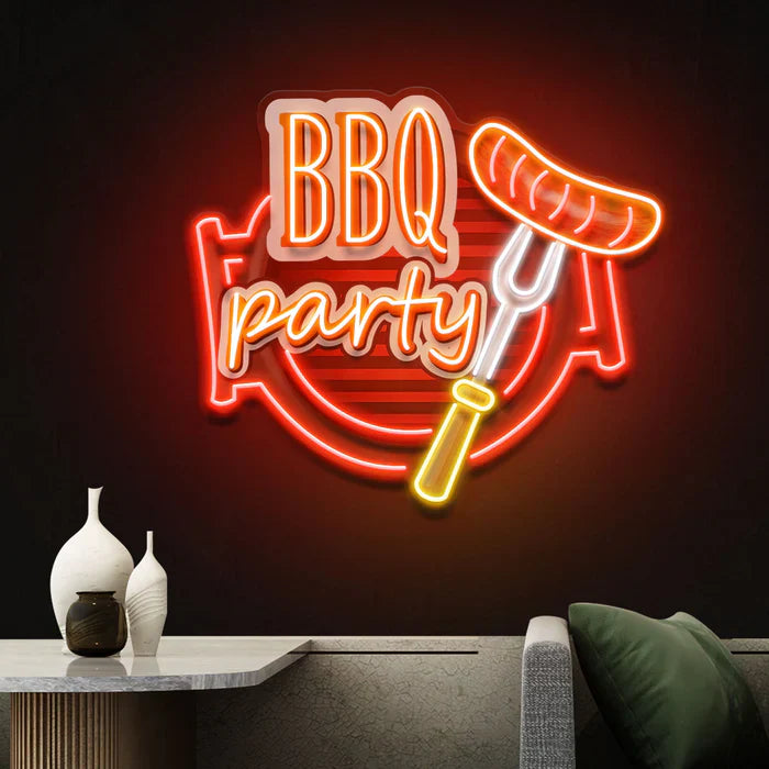BBQ Grilling UV Art LED Neon Sign in red and yellow color by LEDNeons - perfect for food lovers and barbecue themed décor.