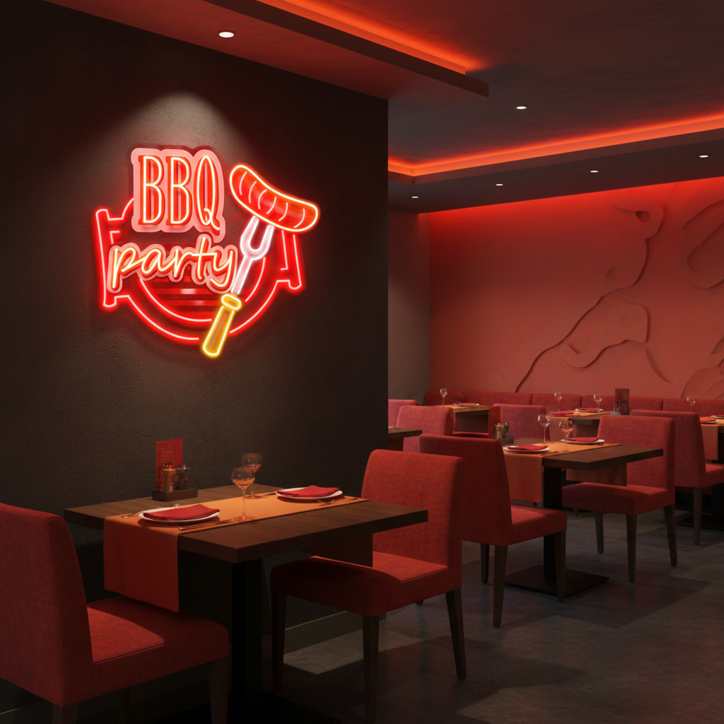 BBQ Grilling UV Art LED Neon Sign in red and yellow color by LEDNeons - perfect for food lovers and barbecue themed décor.