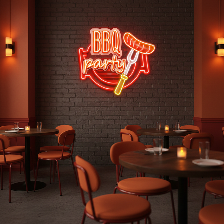BBQ Grilling UV Art LED Neon Sign in red and yellow color by LEDNeons - perfect for food lovers and barbecue themed décor.