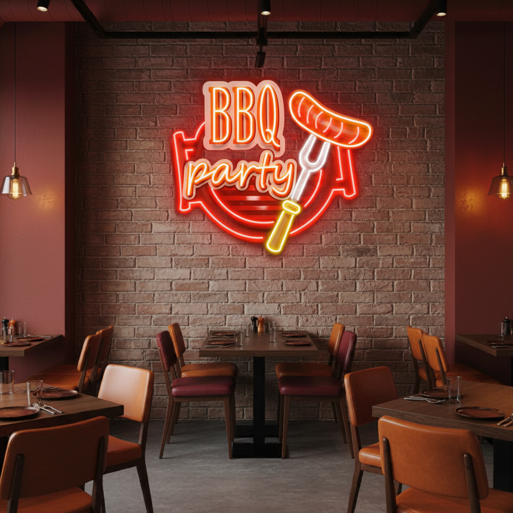 BBQ Grilling UV Art LED Neon Sign in red and yellow color by LEDNeons - perfect for food lovers and barbecue themed décor.