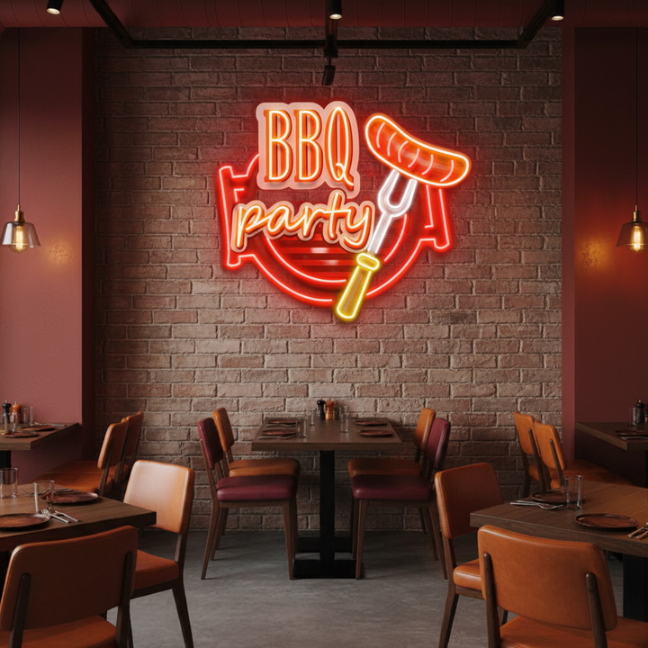 BBQ Grilling UV Art LED Neon Sign in red and yellow color by LEDNeons - perfect for food lovers and barbecue themed décor.