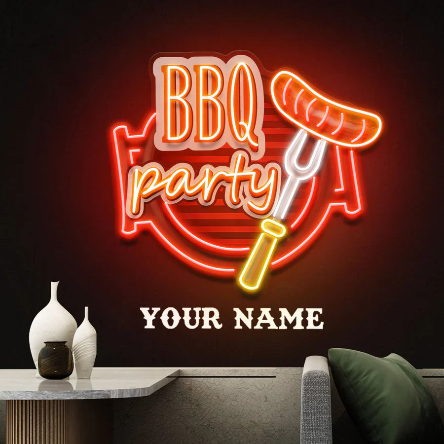 BBQ Grilling UV Art LED Neon Sign in red and yellow color by LEDNeons - perfect for food lovers and barbecue themed décor.
