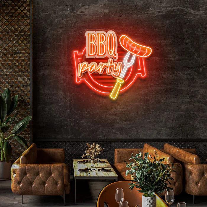 BBQ Grilling UV Art LED Neon Sign in red and yellow color by LEDNeons - perfect for food lovers and barbecue themed décor.