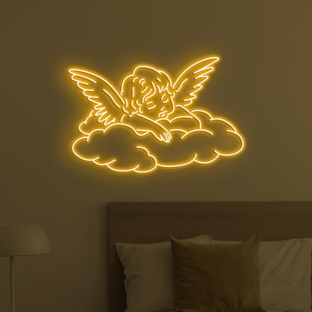 Baby Angel Home Neon Sign by LEDNeons -  featuring a glowing outline of a cute angel with wings 