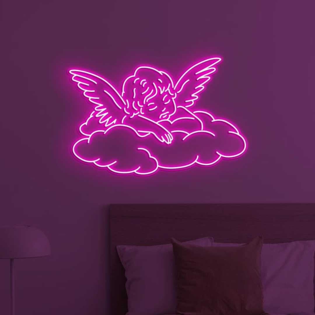 Baby Angel Home Neon Sign by LEDNeons -  featuring a glowing outline of a cute angel with wings 