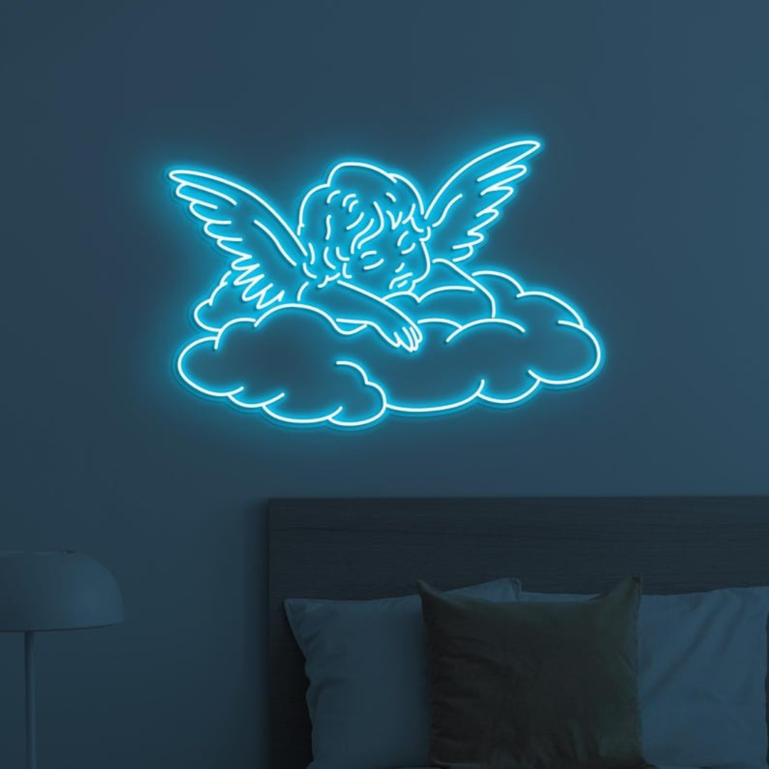 Baby Angel Home Neon Sign by LEDNeons -  featuring a glowing outline of a cute angel with wings 