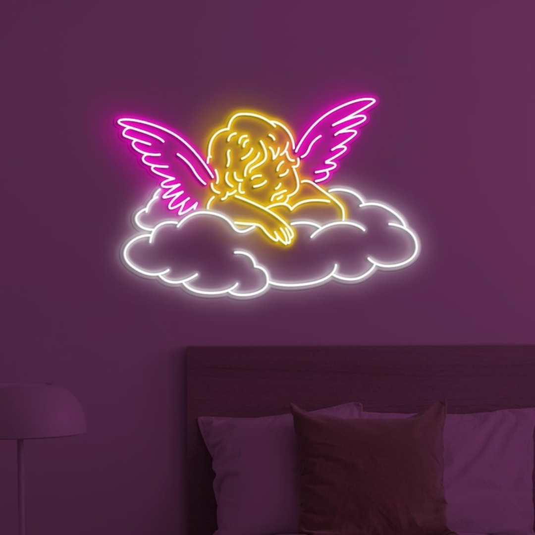 Baby Angel Home Neon Sign by LedNeons.com -  featuring a glowing outline of a cute angel with wings