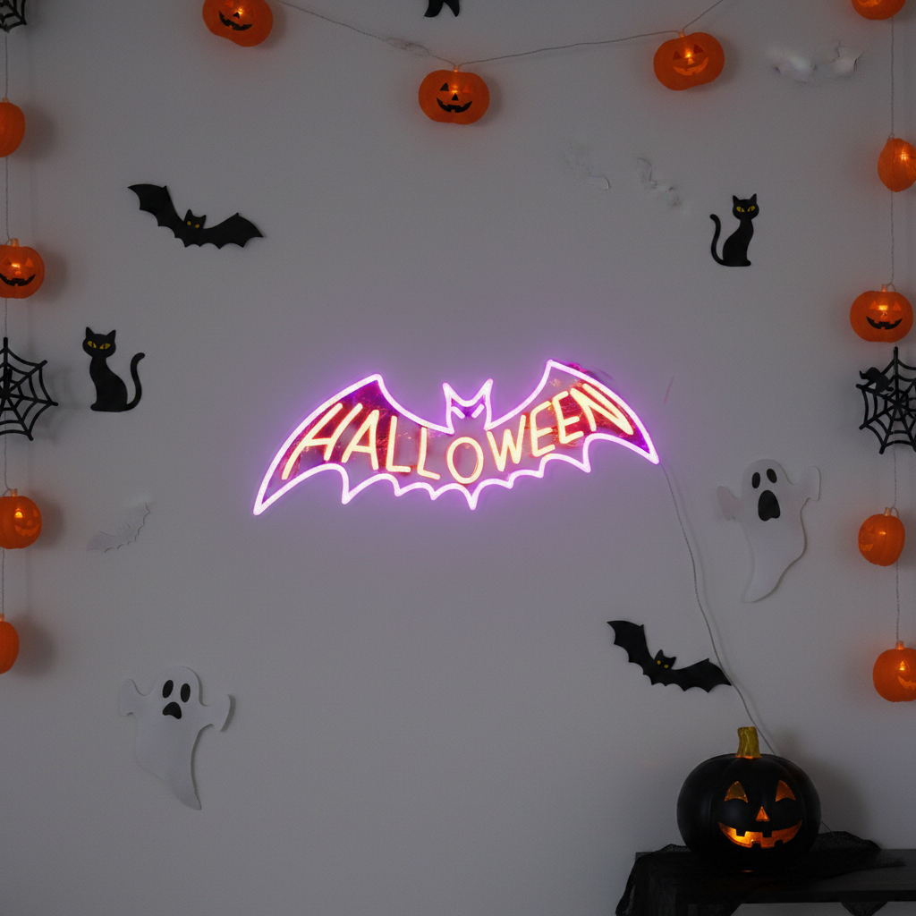 Bat Halloween LED Neon Sign by LEDNeons - ideal for spooky wall decorations.
