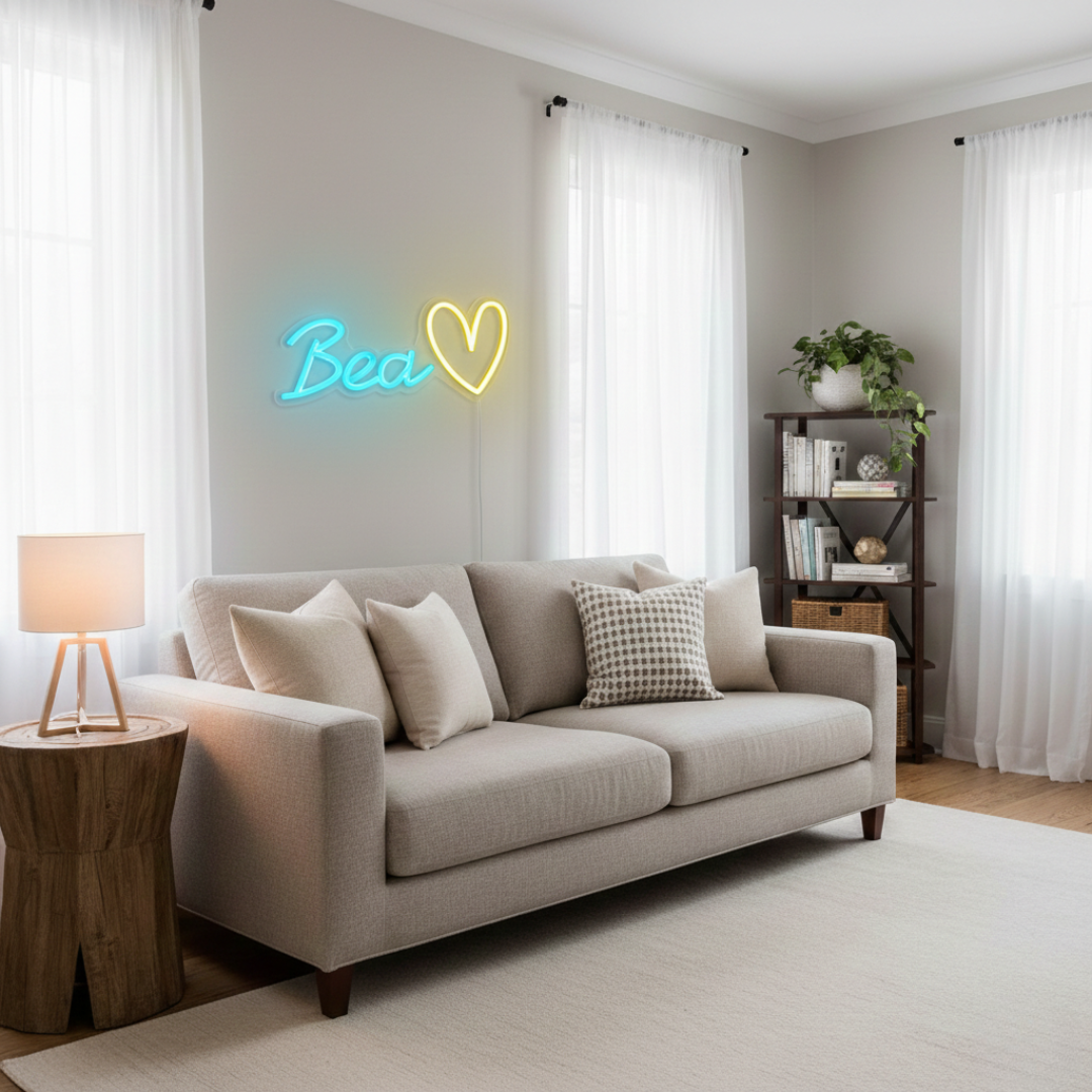 "Bea" name LED Neon sign by LEDNeons  -  glowing on a wall, offering a custom and charming decorative accent.