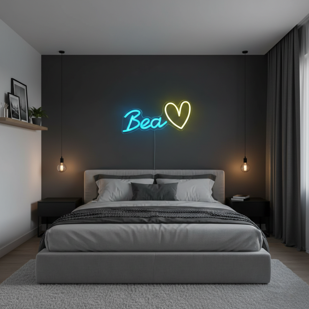 "Bea" name LED Neon sign by LEDNeons  -  glowing on a wall, offering a custom and charming decorative accent.