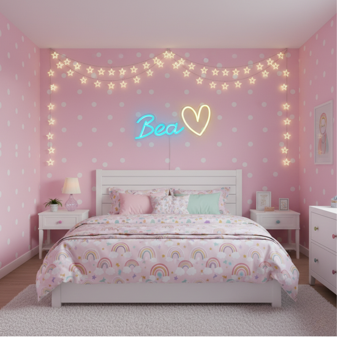 "Bea" name LED Neon sign by LEDNeons  -  glowing on a wall, offering a custom and charming decorative accent.