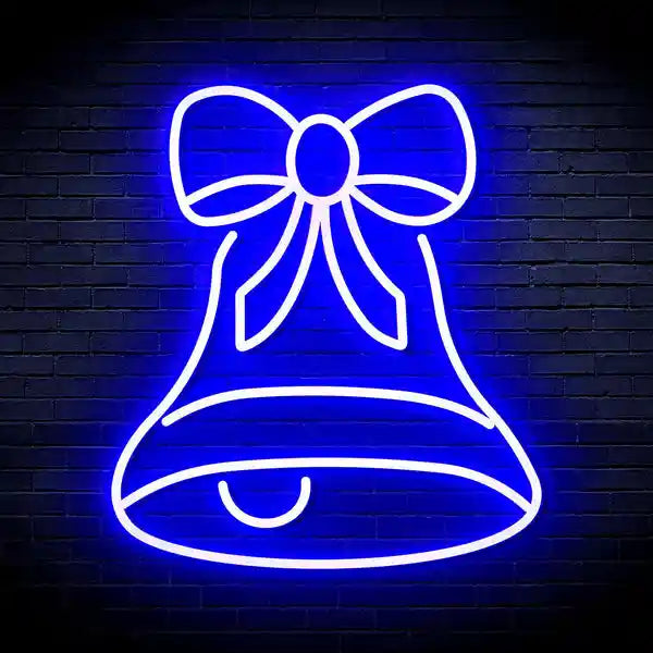 Bell with Ribbon Bow Merry Christmas Neon Sign by LEDNeons - Blue
